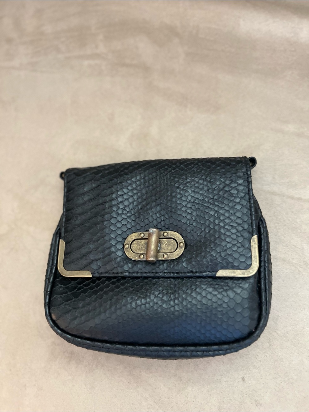 Black Textured Leather Crossbody Bag with Brass Hardware